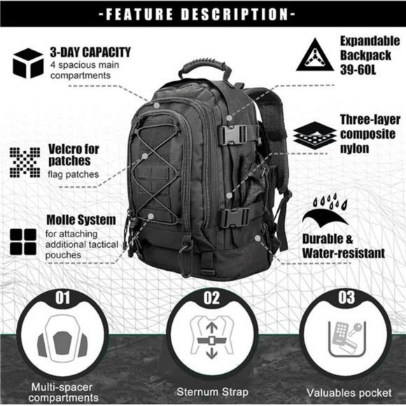 Men Backpacks Large Capacity Expandable Black Hiking Outdoors Military Backpack - Picture 2 of 6